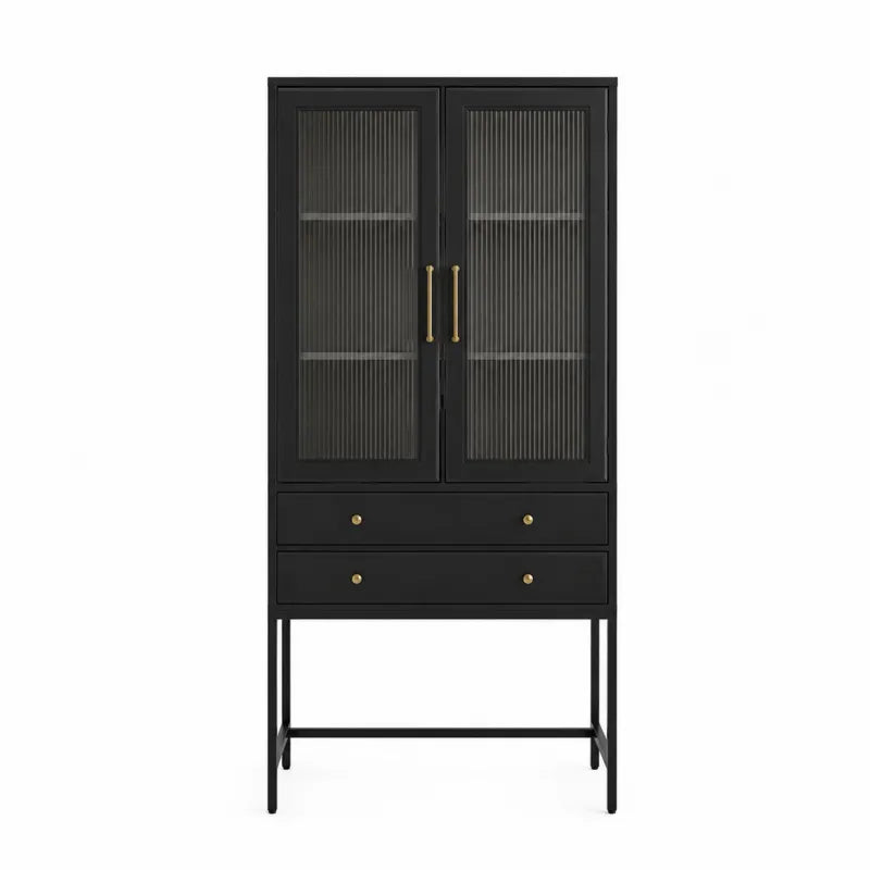 Czarna metalowa szafka z ?ebrowanym szk?em i mosi??nymi uchwytami 80x40x180 cm