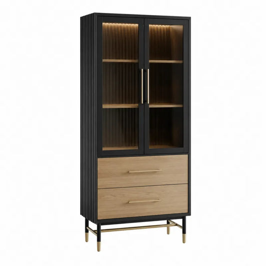 Szafka z MDF i szk?em hartowanym 180x80x40 cm Czarny/D?b