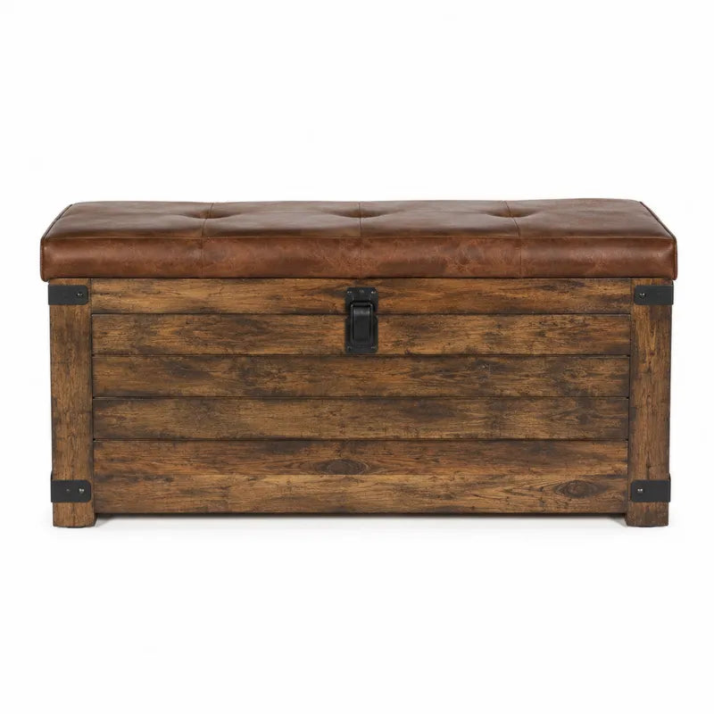 ?awka ze skrzyni? drewnian? i br?zowym siedziskiem ze sk¨®ry PU, 100x40x50 cm
