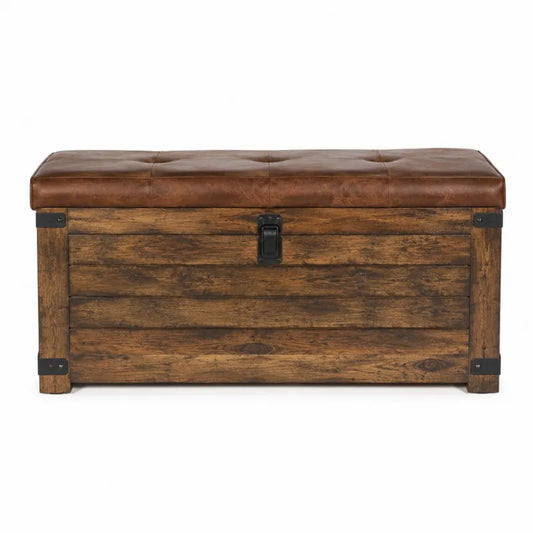 ?awka ze skrzyni? drewnian? i br?zowym siedziskiem ze sk¨®ry PU, 100x40x50 cm