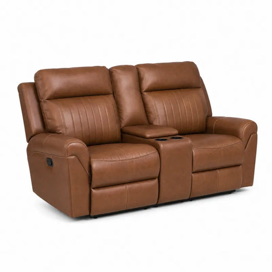 Dwuosobowa br?zowa sofa z ekosk¨®ry z uchwytami na kubki